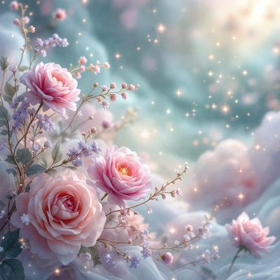 The primary subject of the image is a bouquet of pink flowers. The flowers are arranged in a vase, and they are surrounded by a beautiful, pink and white background. The visual style of the image is a combination of photo and digital art, creating a stunning and realistic representation of the flowers. The colors and mood of the image are predominantly pink and white, giving it a delicate and elegant appearance.